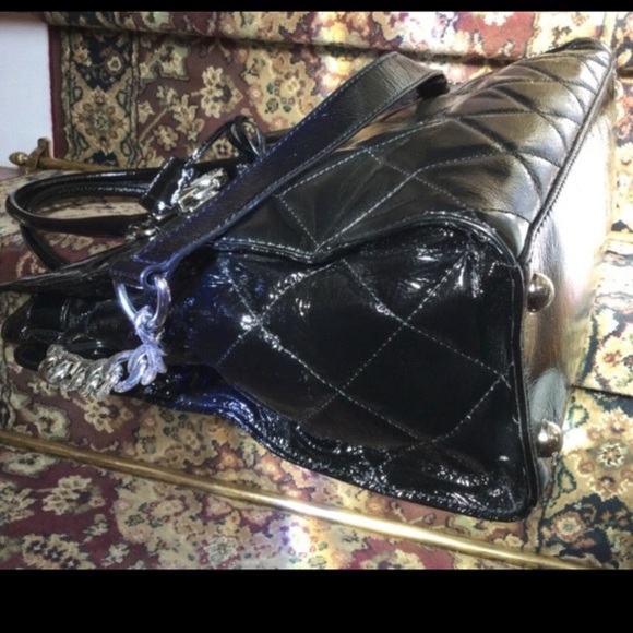 Michael Kors HAMILTON Black PATENT LEATHER Quilted Satchel Handbag Shoulder Bag - Picture 7 of 15